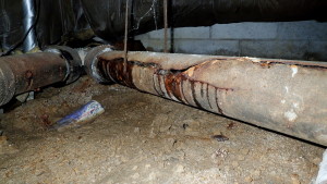 Damaged and leaking waste line in crawlspace